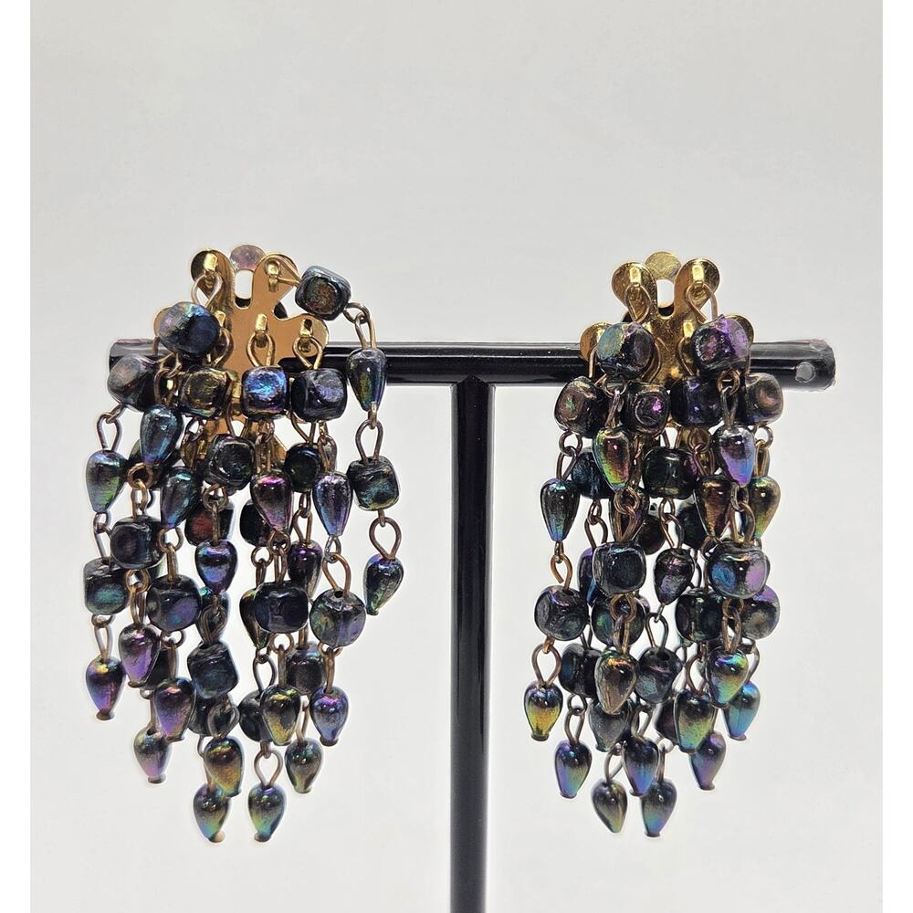 Vtg Black Drop Pearl Waterfall Earrings Iridescent Purple Green Blue CLIP ON